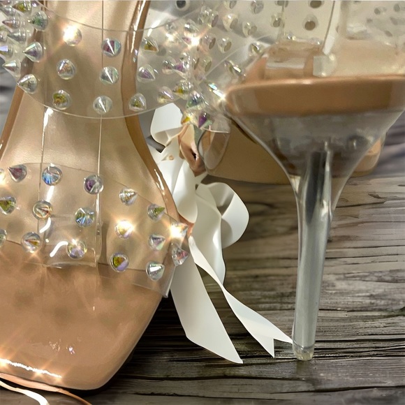 Last Chance FEISTY Clear Strap Stiletto Bright Studded Heeled Mules 5.5 - Picture 3 of 10